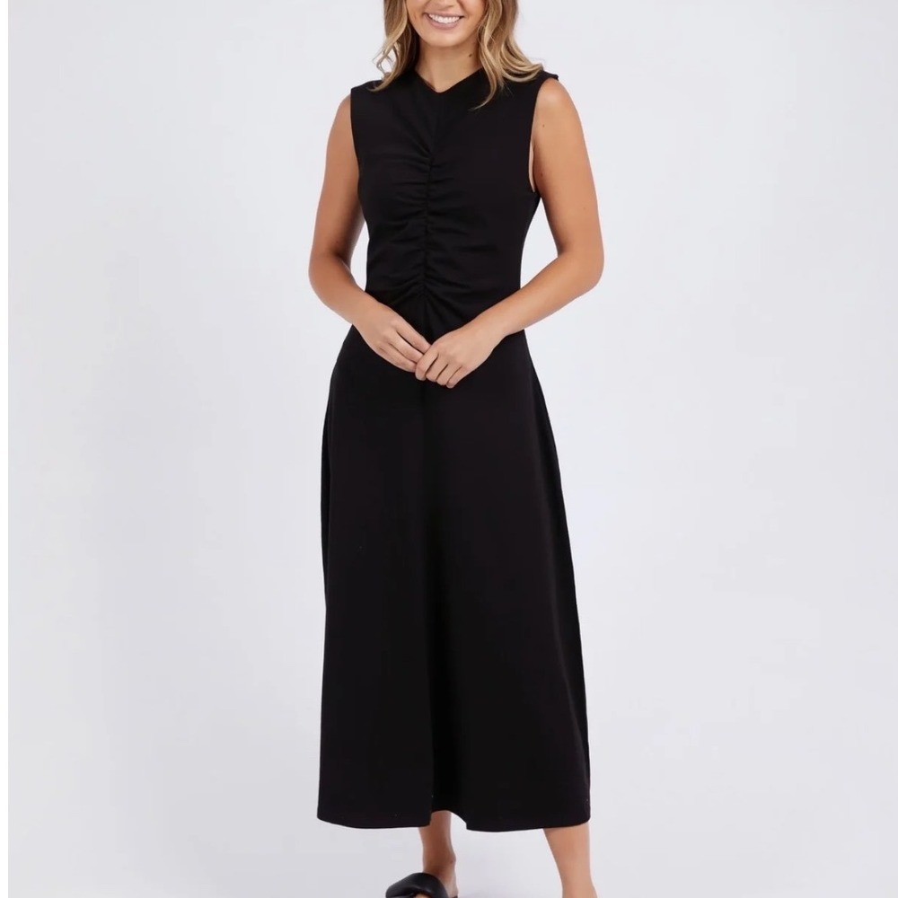 COS Black Ruched Center Sleeveless Midi Dress Size Medium Cotton Stretch A-Line